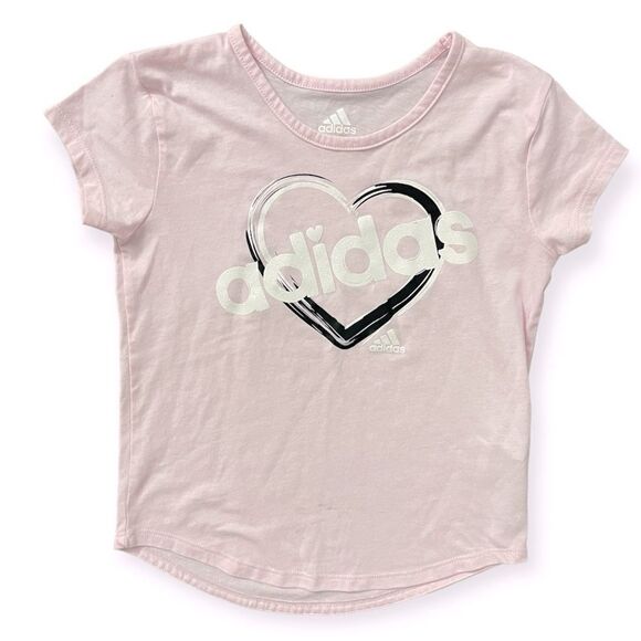 Adidas Girl’s Pink Black Glitter Heart Logo Graphic Short Sleeve Tee Size 5 - Picture 8 of 8